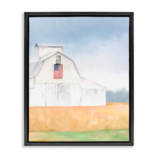 Stupell Industries American Flag White Country Barn Rural Scenery Floater Framed Art